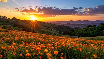 Sunset field of flowers on a hillside