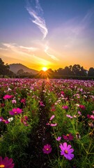 Flowery field glows at sunset