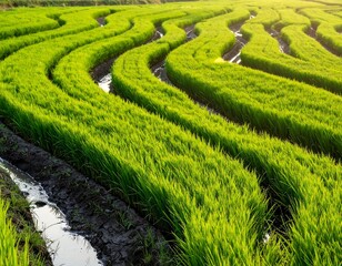 Lush green rice paddies, intricate irrigation channels