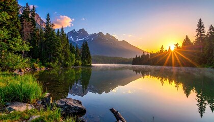 Sunrise over a serene mountain lake