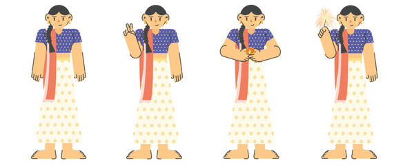 Happy Diwali Vector Illustration Pack. Indian Women Characters in Traditional Attire Celebrating Festival of Lights. Set of 4 Festive Poses for Marketing, Greeting Cards, and Web Design.