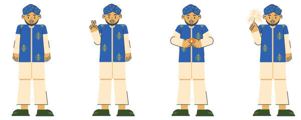 4 Happy Indian Male Characters Vector Illustration Pack. Dynamic and trendy collection capturing the joy of the Festival of Lights (Diwali). Ideal for educational or authentic marketing material.