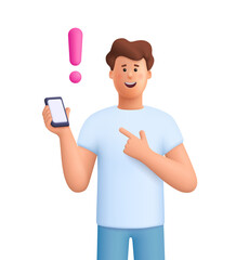 Young smiling man James holding smartphone and pointing to exclamation mark. Notification, warning, important message and app update concept. 3d vector people character. Cartoon minimal style.