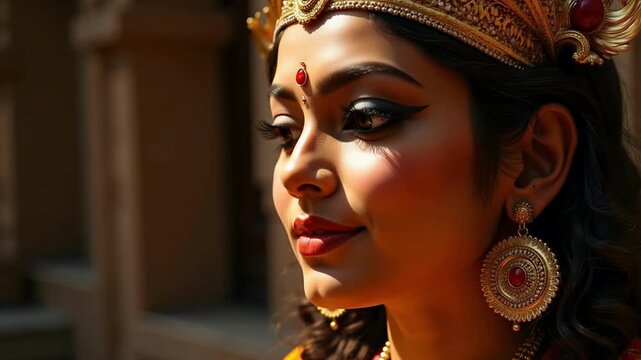 Serene Maa Durga Close Up in 4K Video Footage: A Divine and Peaceful Blessing, Perfect for Spiritual Content and Hindu Celebrations (149 chars)