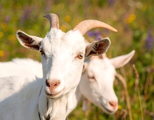 Two white goats in a field