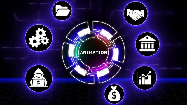 Animation business concept on black background.Business concept video animation.Business, Technology, Internet and network concept. Abstract technology symbols on a blue background. 4k video