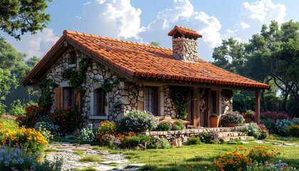 Charming stone cottage with red tile roof surrounded by lush greenery.