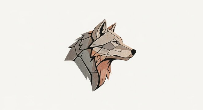 A stylized geometric wolf head, composed of angular polygons in muted earth tones, looks right on a white background