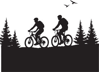 Obraz premium Two cyclists on fat tire bikes riding through pine trees