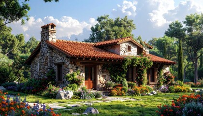 Obraz premium Charming rustic stone cottage with a red tile roof nestled among lush green trees and vibrant flowers under a bright sunny sky.