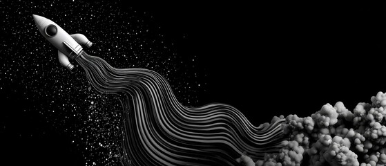 Monochrome Rocket Launch with Streaking Lines in a Starry Space Background