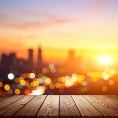 City lights bokeh, wooden table