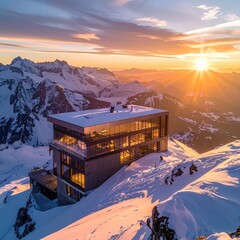 Building at summit, snowy mountains