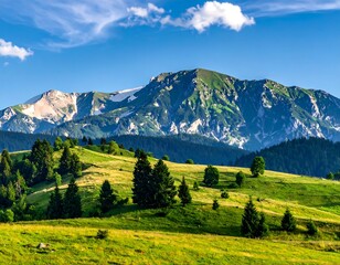 Obraz premium Lush mountain meadow, peaks, blue sky, clouds