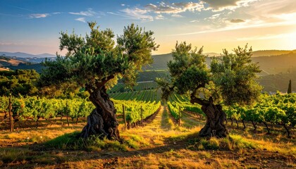 Vineyard vista with gnarled trees