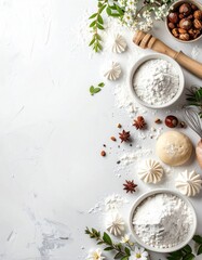 Baking ingredients arranged on white surface