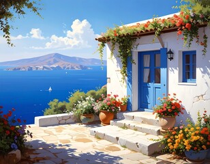 Idyllic Mediterranean Coastal Scene with Blue Door, Flowers, Sea, and Mountains