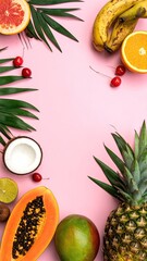 Fruit & leaves on pink background