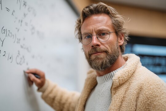 Man writing on a whiteboard, appearing thoughtful and focused. - Powered by Adobe