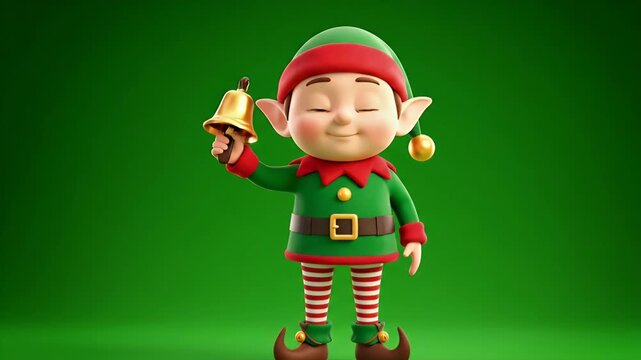 A cute animated 3D elf character wearing a festive outfit rings a golden bell on a green screen background.
