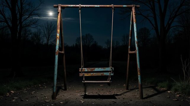 Eerie Night Scene Suspenseful Child's Swing Moving Alone 4K, Perfect for Horror Films, Thrillers, and Ghost Stories, Creating Chilling Suspense
