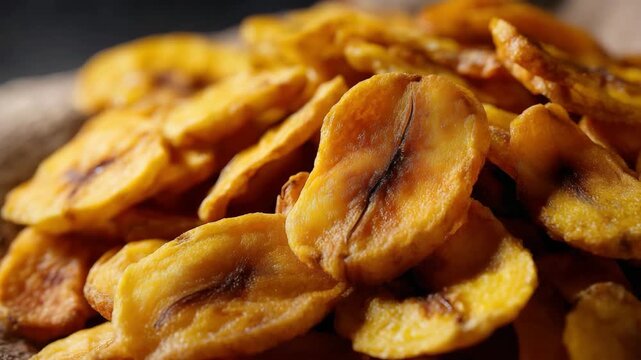 A close-up view of golden, crunchy banana chips piled together, showcasing their delicious texture and appealing color, perfect for snacking anytime and anywhere.