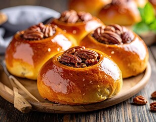 Pecan rolls on a wooden plate close-up