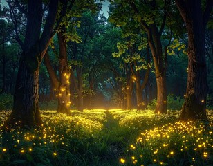 Enchanted forest path, glowing flowers
