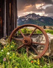 Fototapeta premium Rustic wheel in meadow with mountains
