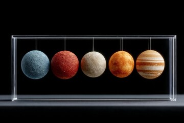 A model of planets in a glass case with a black background.