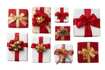 Collection of beautifully wrapped gift boxes with red and gold ribbons and bows isolated on transparent background