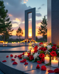 Serene Sunset at Memorial Park with Candles and Flowers in Romantic Atmosphere