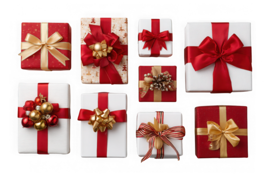 Collection of beautifully wrapped gift boxes with red and gold ribbons and bows isolated on transparent background
