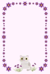 紫の花とネコのフレーム〈ハガキ〉　F-2