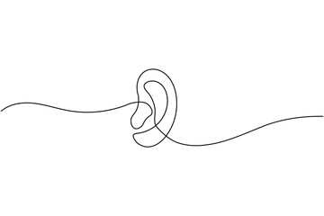 Obraz premium Human ear continuous one line drawing with sound waves, minimalist sketch representing hearing and listening concept
