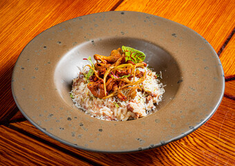 Pork is beautifully arranged atop fragrant rice, garnished with herbs and crispy onions