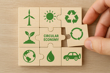 Concept of Circular Economy with Eco-Friendly Symbols in Puzzle Piece Arrangement