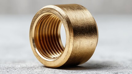 Minimalist shot of a gleaming brass pipe fitting industrial setting product photography close-up view iso standard concept