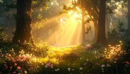 Obraz premium Sunbeams stream through a lush forest clearing, illuminating wildflowers and verdant foliage in a magical, ethereal glow.