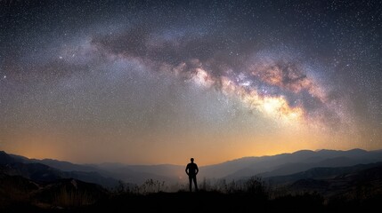 Silhouette of person gazing at the expansive milky way galaxy at twilight
