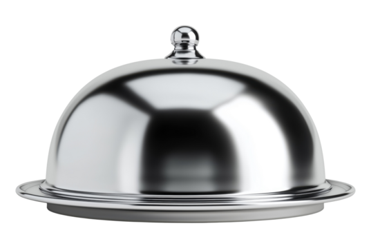 Polished silver chrome food cloche dome isolated on transparent background - Powered by Adobe