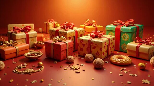 Festive Navratri Celebration Loop Animated Gift Boxes Sweets 4K Video Footage Background, Happy Holiday, Hindu Festival, India, Tradition