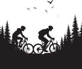 Obraz premium Two cyclists riding bicycles through a forest silhouette