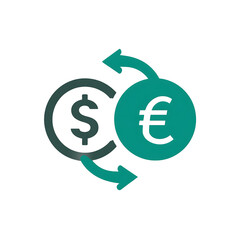 Obraz premium Currency Exchange Icon, Two Circular Arrows Forming A Loop Around A Dollar Sign And Euro Sign. Transparent Background Png, Clean Geometric Vector, Professional Corporate Pale