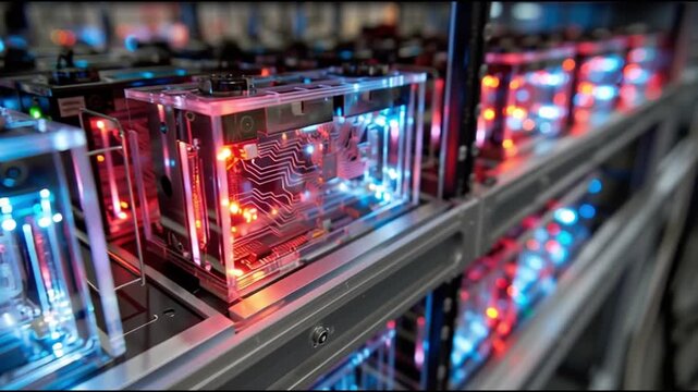 QPU. Quantum Processing Unit. Quantum Computing. Hardware Design. Superconducting Circuits. Future Technology. Close-up of illuminated computer hardware with circuit designs.