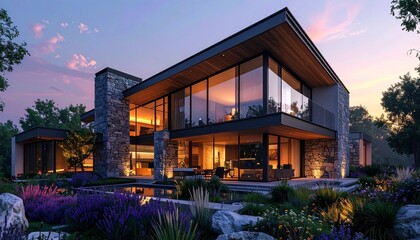 Obraz premium Modern luxury home with large windows, stone accents, and a beautiful garden at dusk.