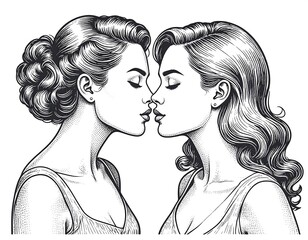 Two women kissing, vintage style
