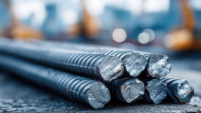 Inspecting a neat bundle of shiny new steel reinforcing bars in a construction site environment for optimal structural integrity