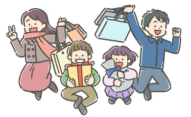 Naklejka premium 笑顔で買い物をする4人家族 