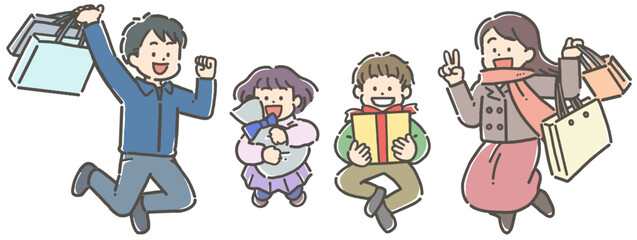 笑顔で買い物をする4人家族
